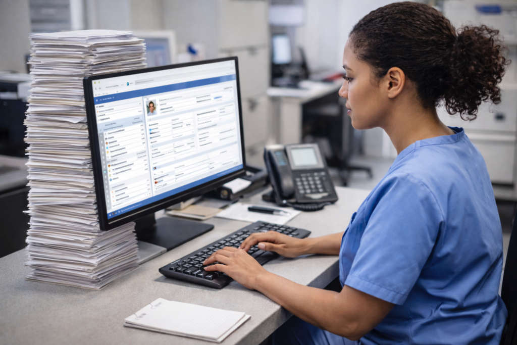 Medical staff member imports patient information into an electronic health record system with a large stack of paper documents beside the computer