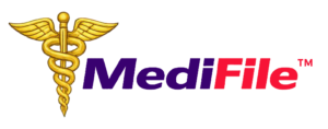 MediFile logo featuring a gold caduceus symbol followed by the MediFile wordmark